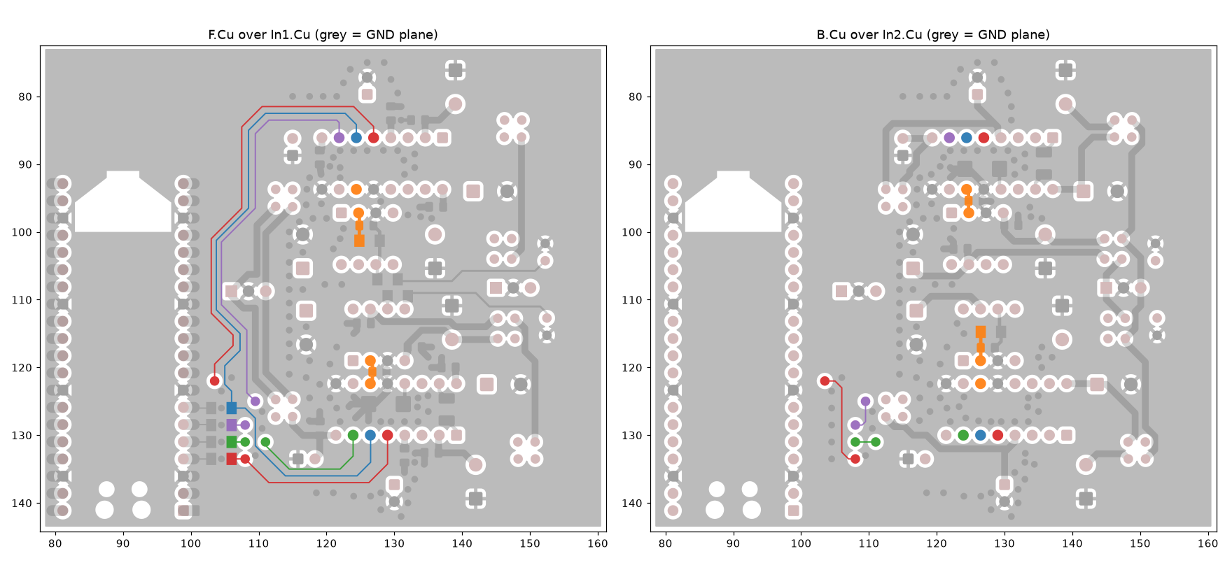 Copper of F.Cu over In1 and B.Cu over In2 with the four digital nets highlighted